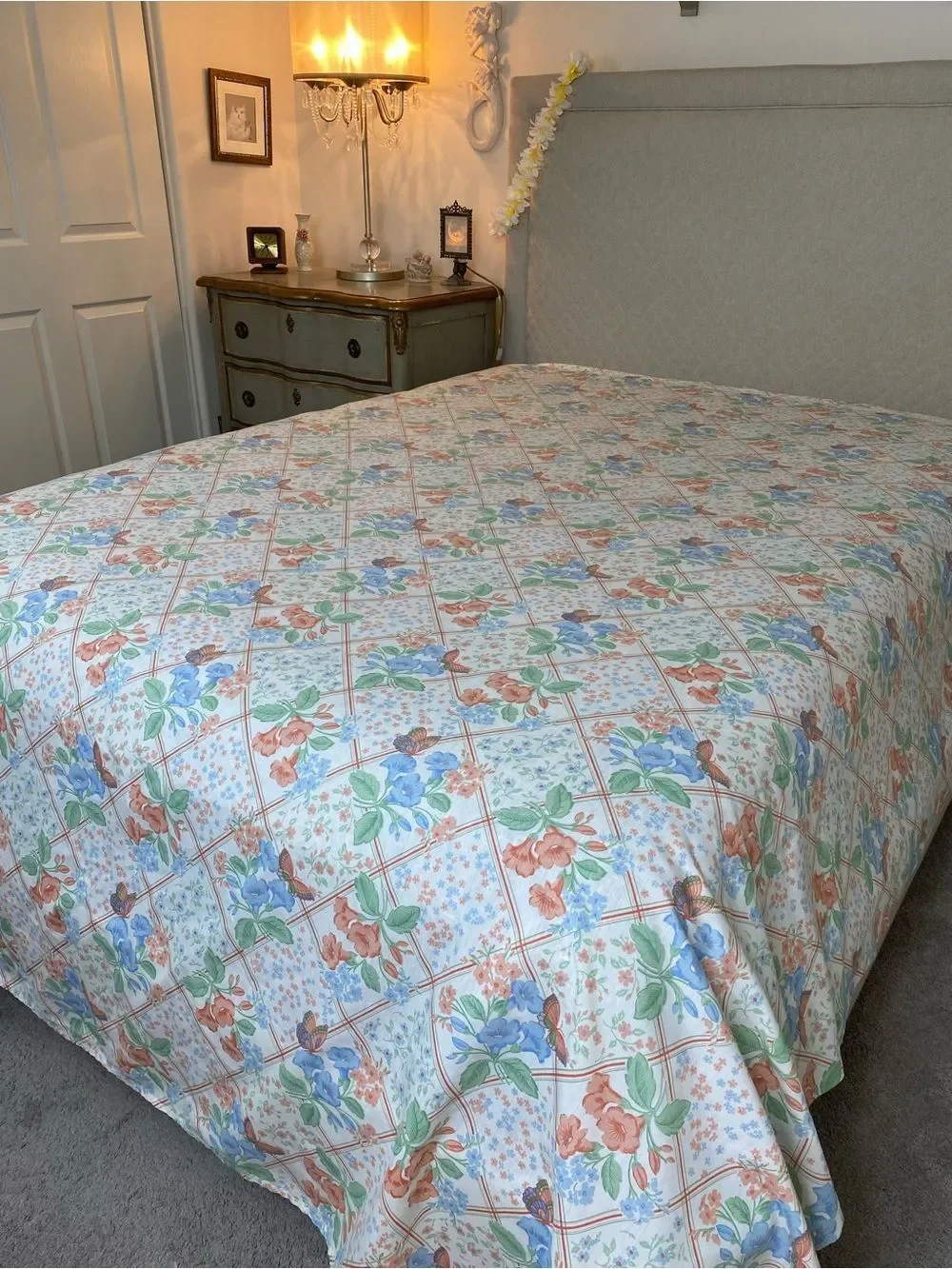 Floral Patchwork Cotton Sheet Set in Blue & Peach by Vintage 1970s